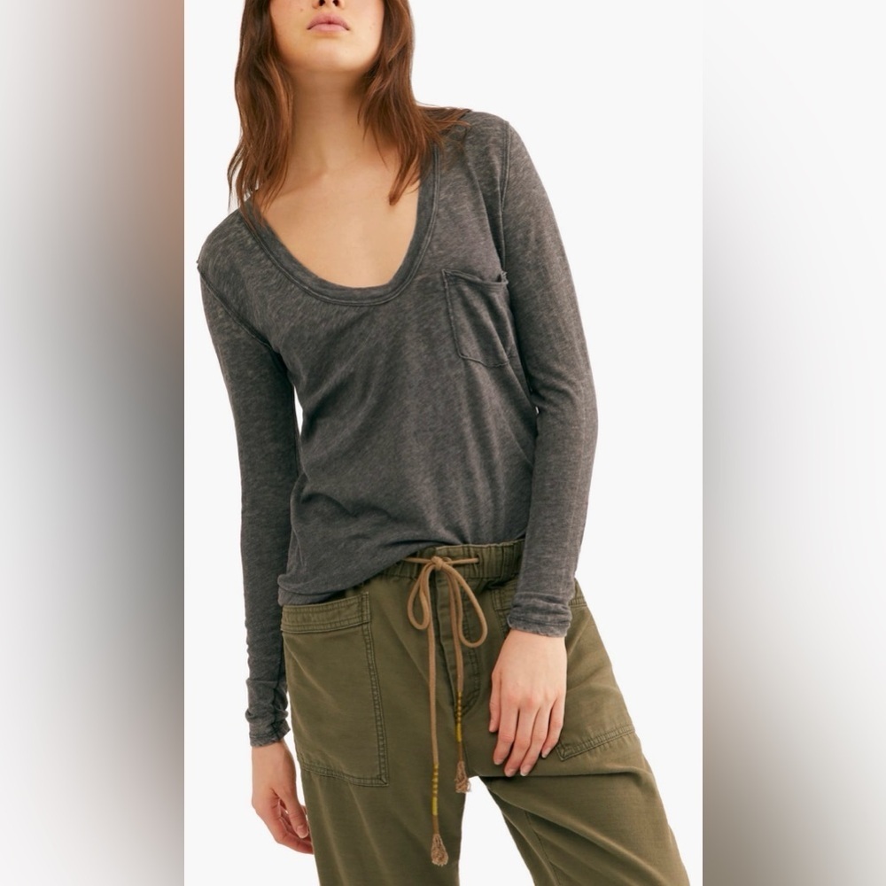 Free People Betty Long-Sleeve Scoop Neck Pocket Tee in Coral